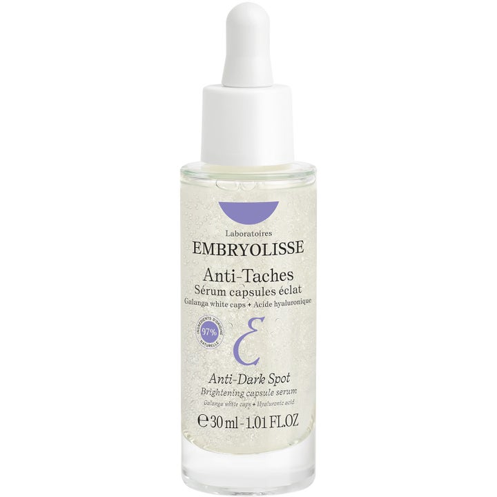 Embryolisse Anti-Dark Spot Brightening Capsule Serum 30 ml opplysende serum i glassflaske med hvit pipette og kapsler.