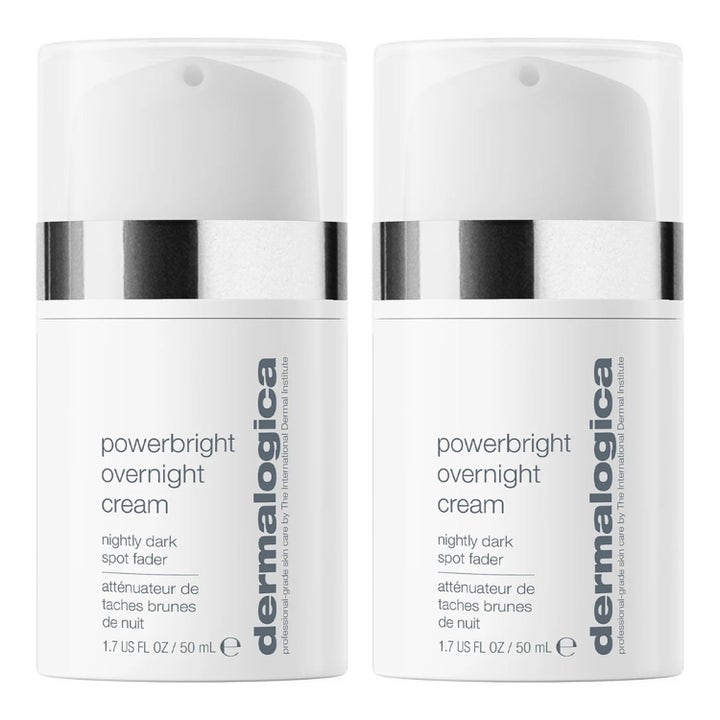 Dermalogica Powerbright Overnight Cream 50 ml nattkrem mot pigmentflekker i to hvite pumpeflasker med sølvdetaljer.