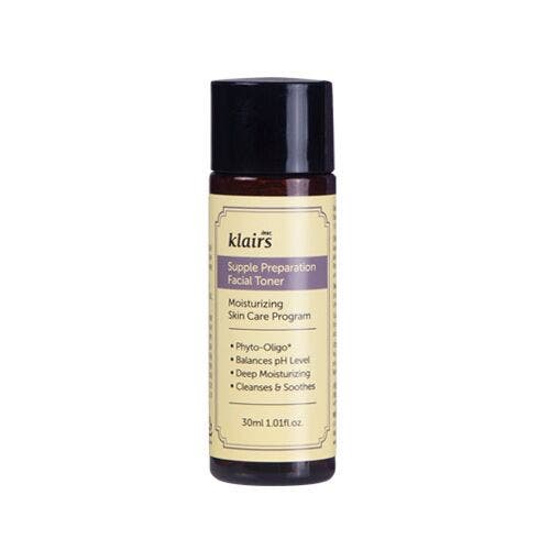 Klairs Supple Preparation Facial Toner 30ml fuktighetsgivende toner i mørk plastflaske med beige etikett og sort kork