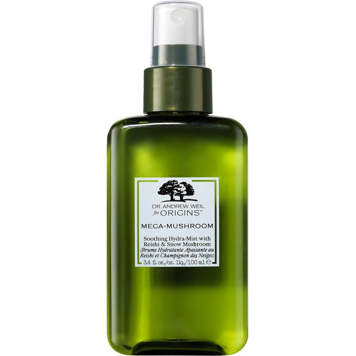 Origins Mega-Mushroom Soothing Hydra-Mist 100 ml ansiktsspray som gir fukt i grønn gjennomsiktig flaske med spraypumpe