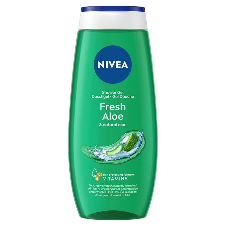 Nivea Fresh Aloe 250ml forfriskende dusjsåpe med vitaminer i grønn flaske dekorert med aloe vera og vann.