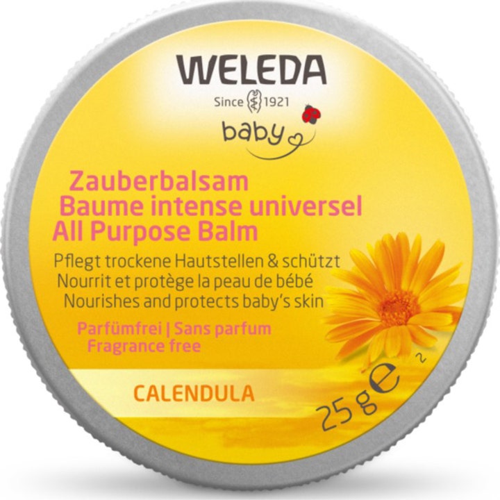 Weleda Baby Calendula All Purpose Balm 25 g pleiende universalsalve i rund metallboks med gul etikett og ringblomst