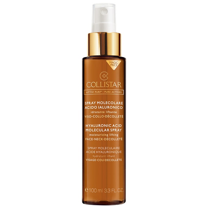 Collistar Hyaluronic Acid Molecular Spray 100 ml gir fuktighet og løft i en brun sprayflaske med luksuriøse gulldetaljer.