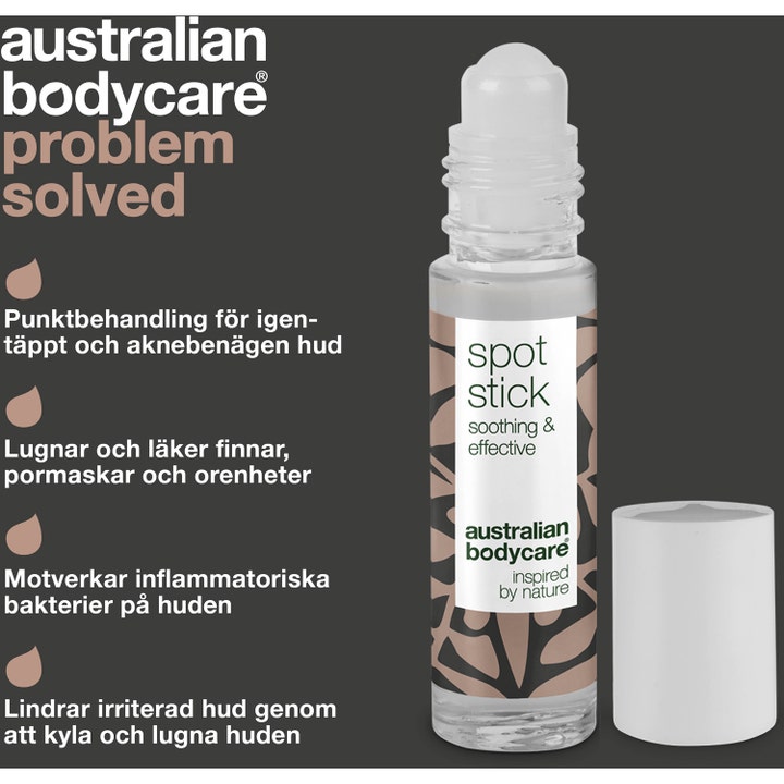 Australian Bodycare Spot Stick 9 ml mot kviser og urenheter i gjennomsiktig glassflaske med hvit roll-on kule