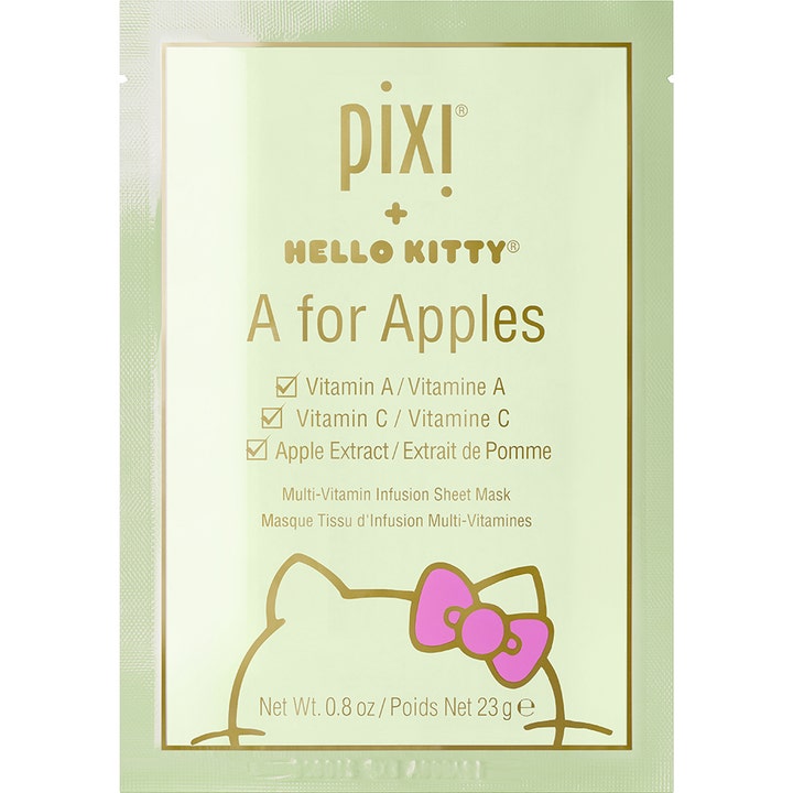 Pixi Hello Kitty A for Apples 23 g ansiktsmaske med epleekstrakt og vitamin A i lysegrønn pose med Hello Kitty-motiv