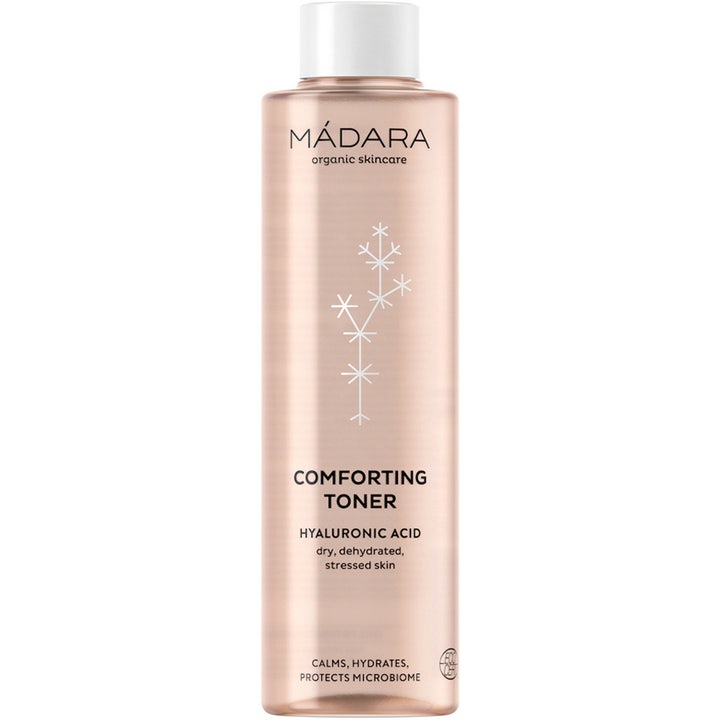 Mádara Comforting Toner 200 ml fuktgivende ansiktsvann med hyaluronsyre i rosegullfarget flaske som beroliger huden.