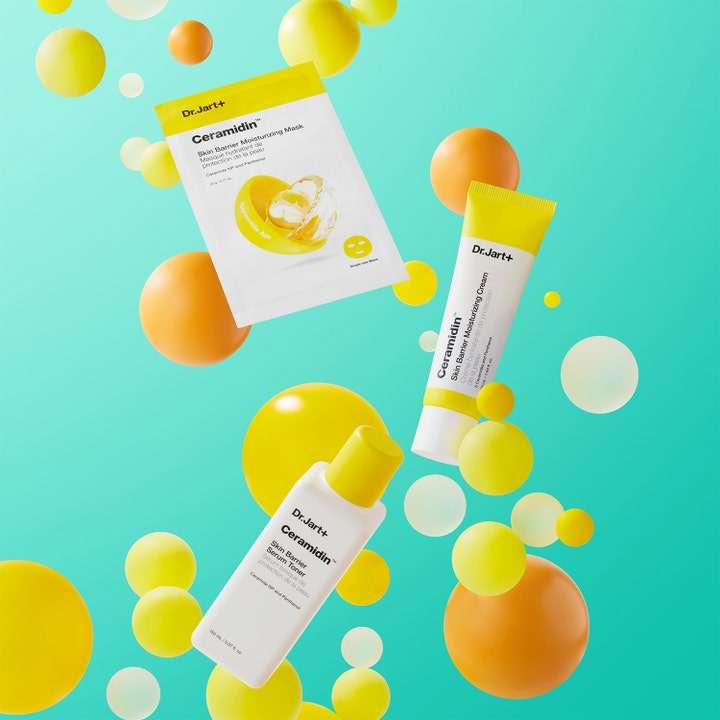Dr.Jart+ Ceramidin Skin Barrier Moisturizing Cream 50 ml fuktgivende krem blant flytende kuler på turkis bakgrunn