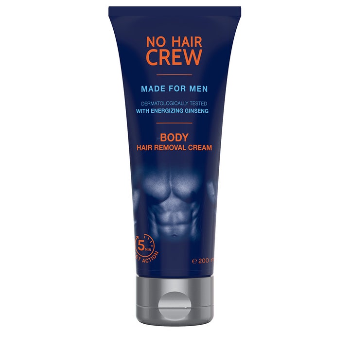 No Hair Crew Body Hair Removal Cream 200 ml fjerner kroppshår med ginseng i mørkeblå tube med sølvkork og en mannskropp.