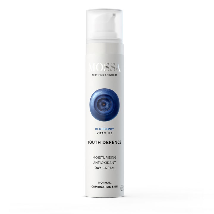 Mossa Youth Defence 50 ml fuktighetsgivende dagkrem med vitamin E i hvit pumpeflaske dekorert med et stort blåbær