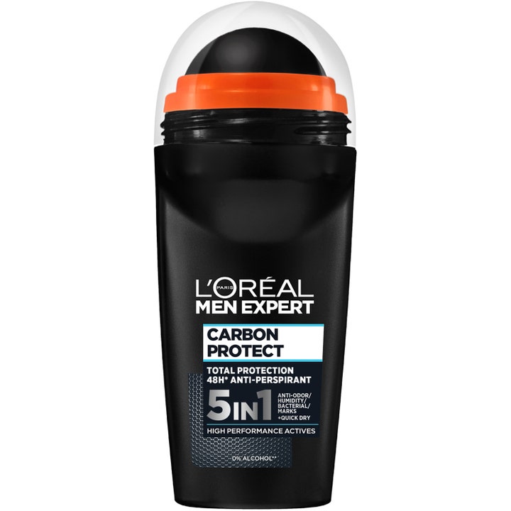 L'Oréal Men Expert Carbon Protect 48h antiperspirant mot svette i en svart roll-on-flaske med oransje detalj og klar kork.