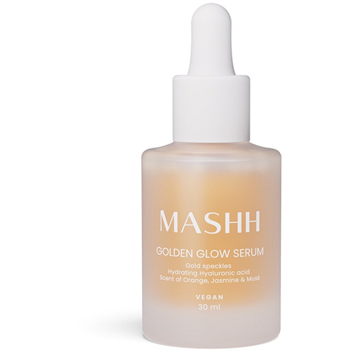 MASHH Golden Glow Serum 30 ml fuktighetsgivende ansiktsserum i en frostet glassflaske med hvit pipette.