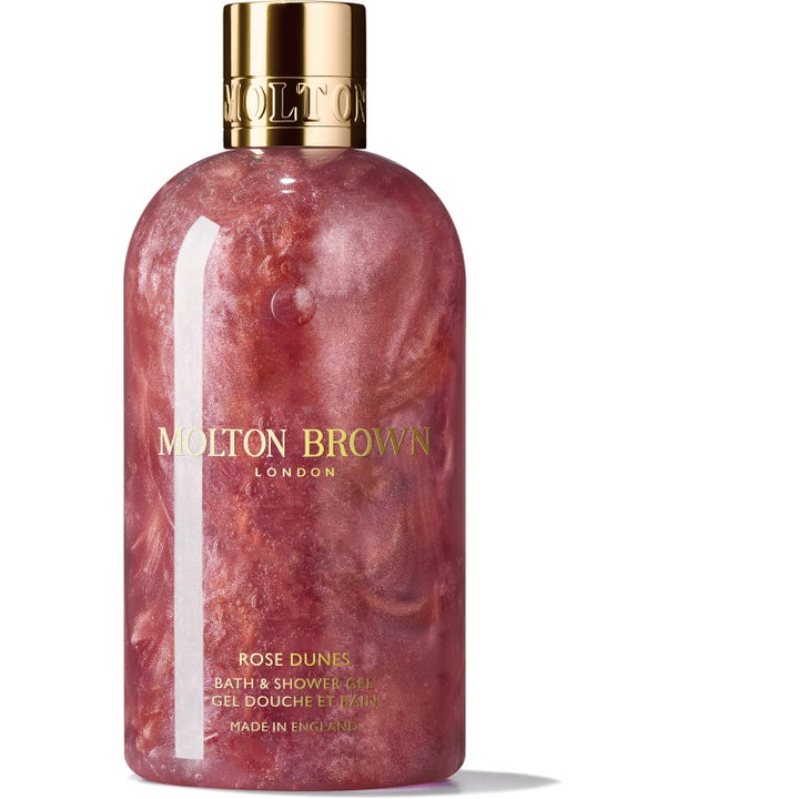 Molton Brown Rose Dunes Bath & Shower Gel 300 ml luksuriøs dusjsåpe med skimrende rosa gelé og elegant gullkork