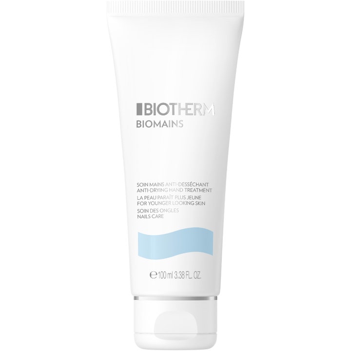 Biotherm Biomains 100 ml fuktighetsgivende håndkrem på hvit tube som styrker negler og motvirker tørre hender.