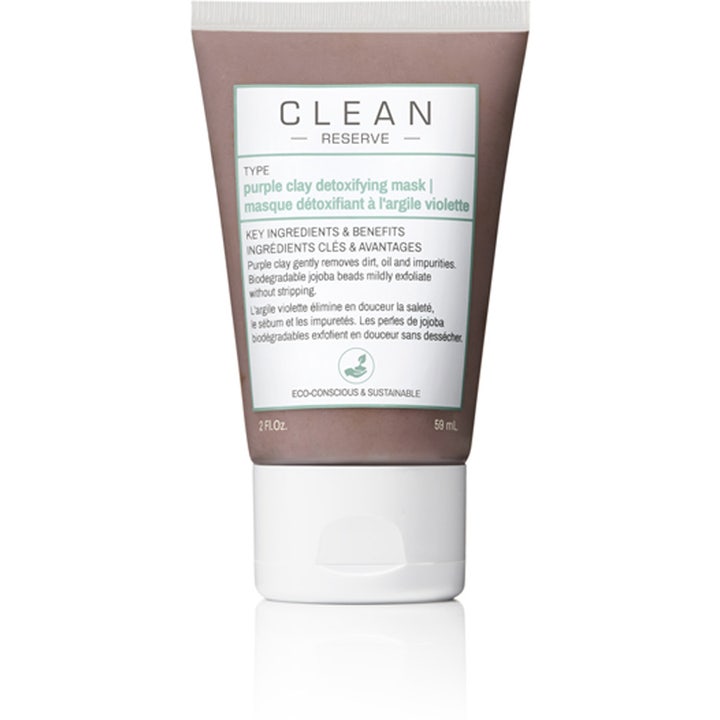 Clean Reserve Purple Clay Detoxifying Mask 59 ml dyprensende ansiktsmaske i brun tube med hvitt lokk og etikett.