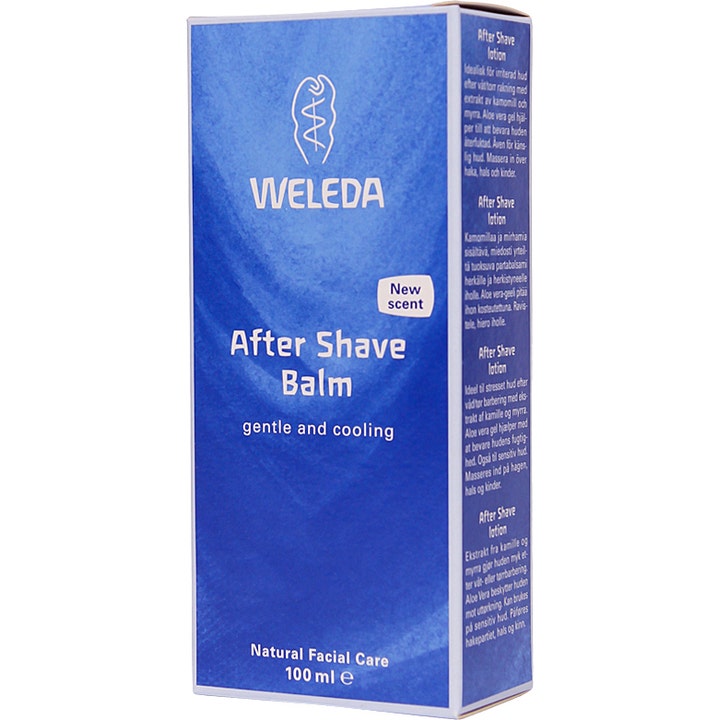 Weleda After Shave Balm 100 ml beroligende aftershave i blå eske med teksten New scent for skånsom hudpleie