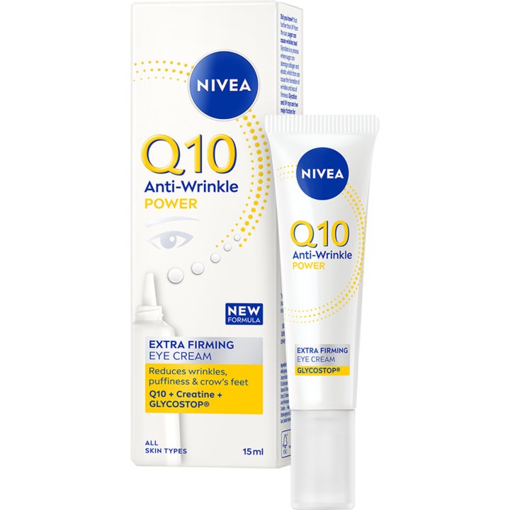 Nivea Q10 Anti-Wrinkle Power Firming Eye Cream 15 ml oppstrammende øyekrem i hvit tube med gule og blå detaljer