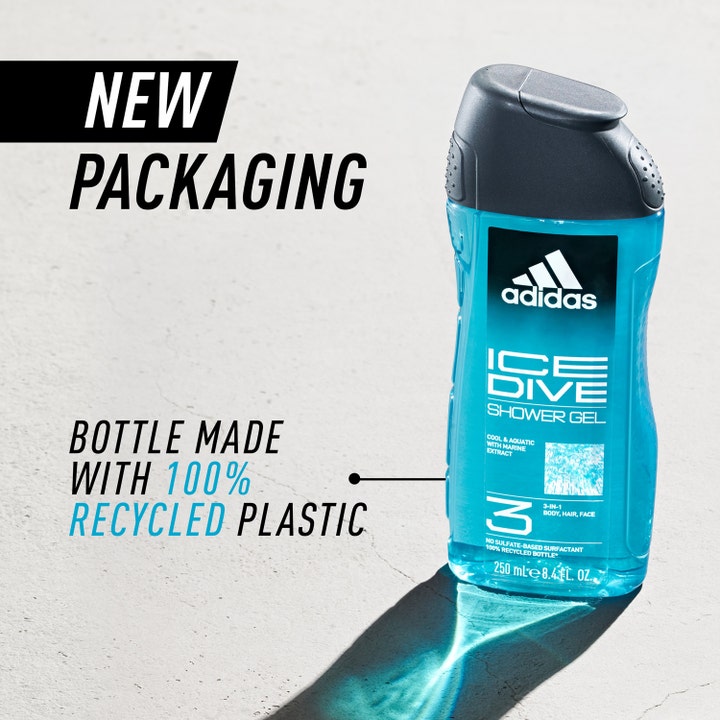 Adidas Ice Dive 250 ml dusjsåpe i ny flaske av resirkulert plast som gir en frisk og ren følelse.