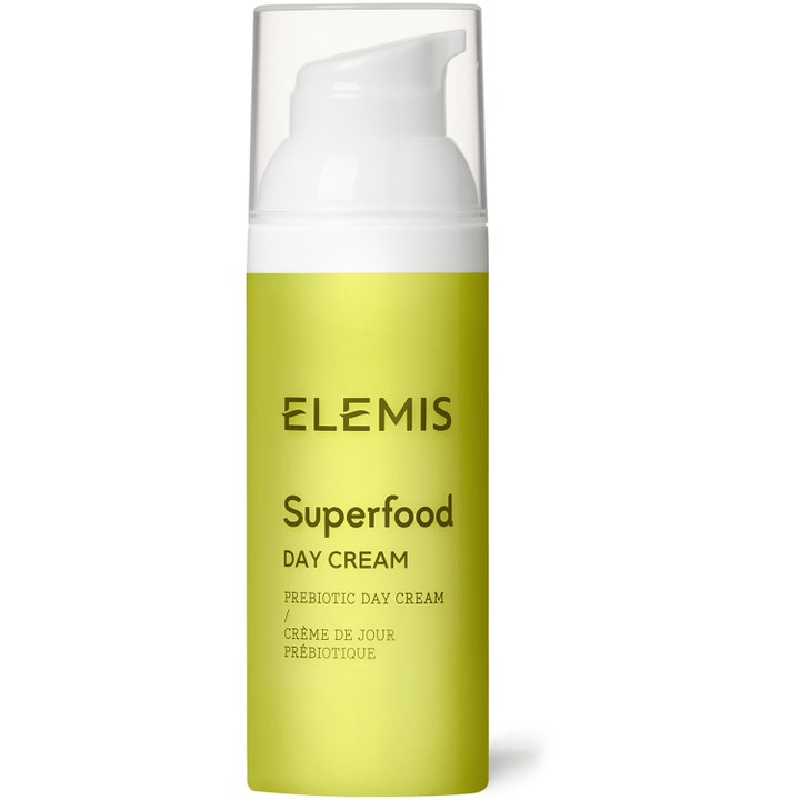 Elemis Superfood Day Cream prebiotisk dagkrem i limegrønn pumpeflaske med hvite detaljer og et gjennomsiktig lokk
