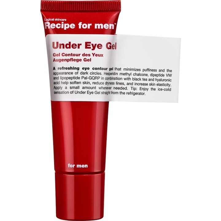 Recipe for men Under Eye Gel øyegelé som motvirker mørke ringer og poser i rød tube med hvit utbrettbar etikett.