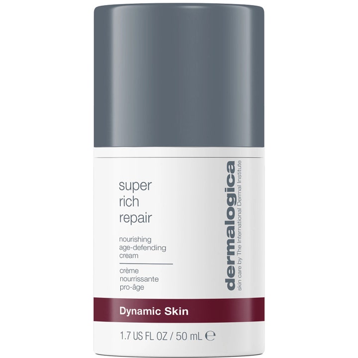 Dermalogica Super Rich Repair 50 ml nærende ansiktskrem i hvit sylindrisk flaske med grått lokk og burgunderrød stripe