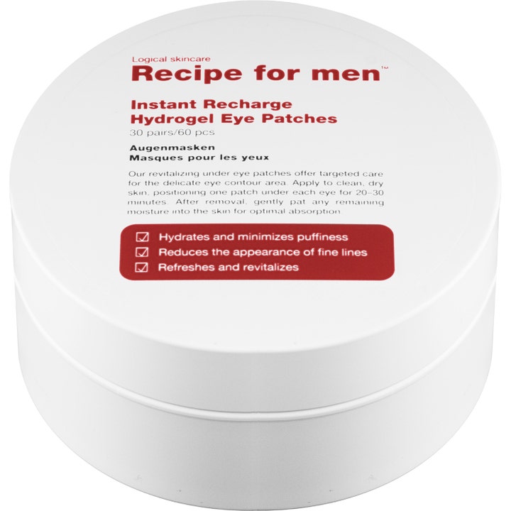Recipe for men Instant Recharge Hydrogel Eye Patches 60 stk øyemaske som reduserer hovenhet i hvit krukke med rød tekst