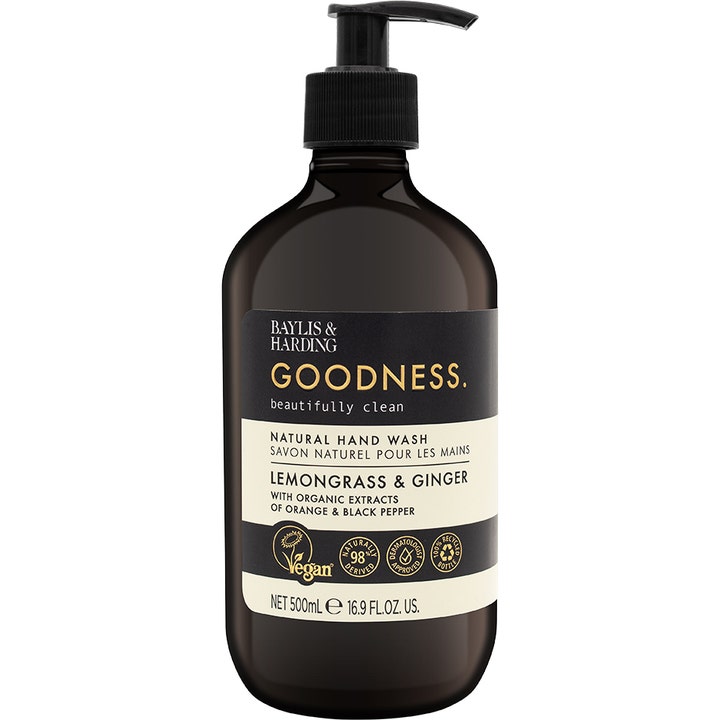 Baylis & Harding Goodness Lemongrass & Ginger 500ml naturlig håndsåpe i mørkebrun flaske med sort pumpe