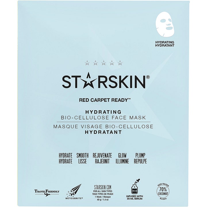 Starskin Red Carpet Ready 40 g fuktgivende bio-cellulose ansiktsmaske i lyseblå pose som gir huden glød