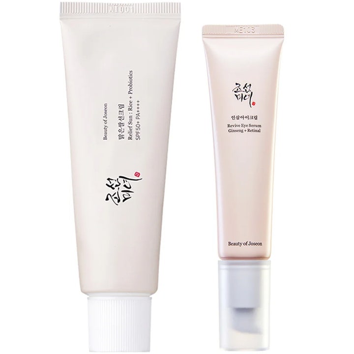 Beauty of Joseon Relief Sun 50ml og Revive Eye Serum 30ml i beige tuber som gir UV-beskyttelse og pleie.