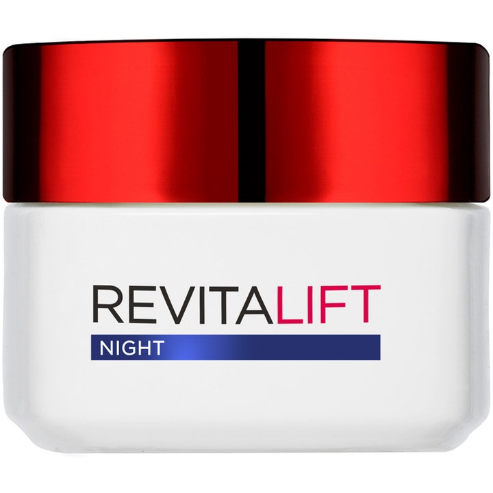 L'Oréal Paris Revitalift Night 50 ml oppstrammende nattkrem i hvit krukke med skinnende metallisk rødt lokk