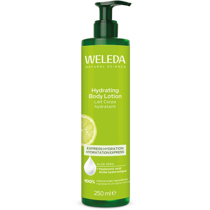 Weleda Hydrating Body Lotion 250 ml fuktighetsgivende hudpleie i grønn pumpeflaske dekorert med en limeskive