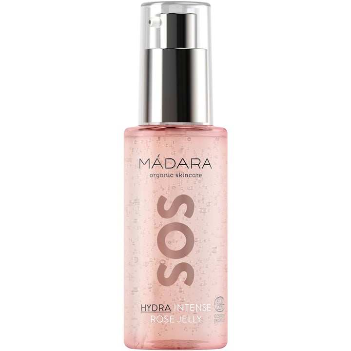 Mádara SOS Hydra Intense Rose Jelly 75ml beroligende ansiktsgel i rosa nyanse med luftbobler og sølvpumpe.