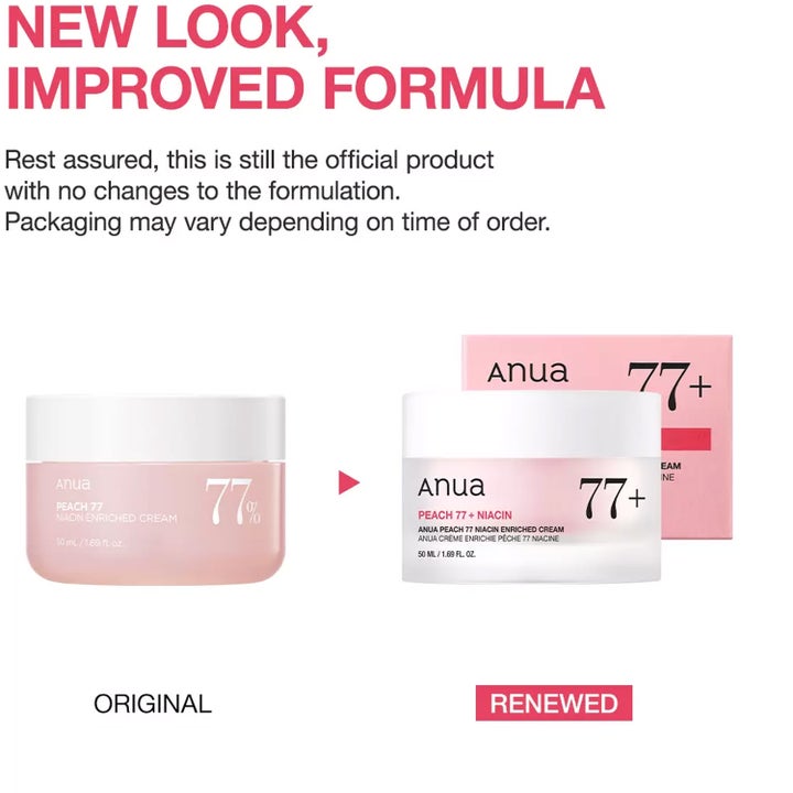 Anua Peach 77% Niacin Enriched Cream 50 ml glødgivende ansiktskrem viser original og ny krukke med New Look tekst