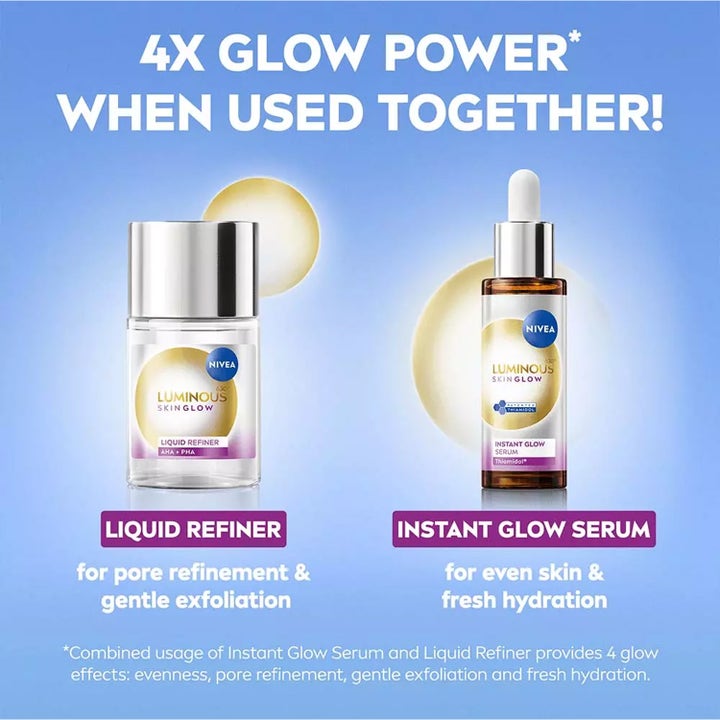 NIVEA Luminous630 Skin Glow 30 ml serum og Liquid Refiner som gir jevnere hudtone med mer glød.