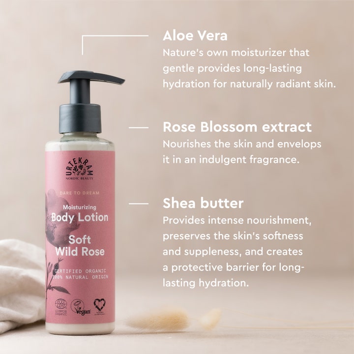 Urtekram Body Lotion Soft Wild Rose 245 ml fuktighetsgivende pumpeflaske med info om aloe vera og pleiende sheasmør.