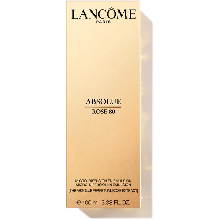 Lancôme Absolue Rose Emulsion 100 ml glødgivende ansiktsemulsjon i gullfarget eske merket Rose 80 og Micro-diffusion