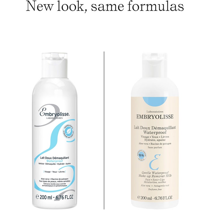 Embryolisse Milky Make Up Remover Emulsion 200 ml viser gammelt og nytt flaskedesign med hvit kork.