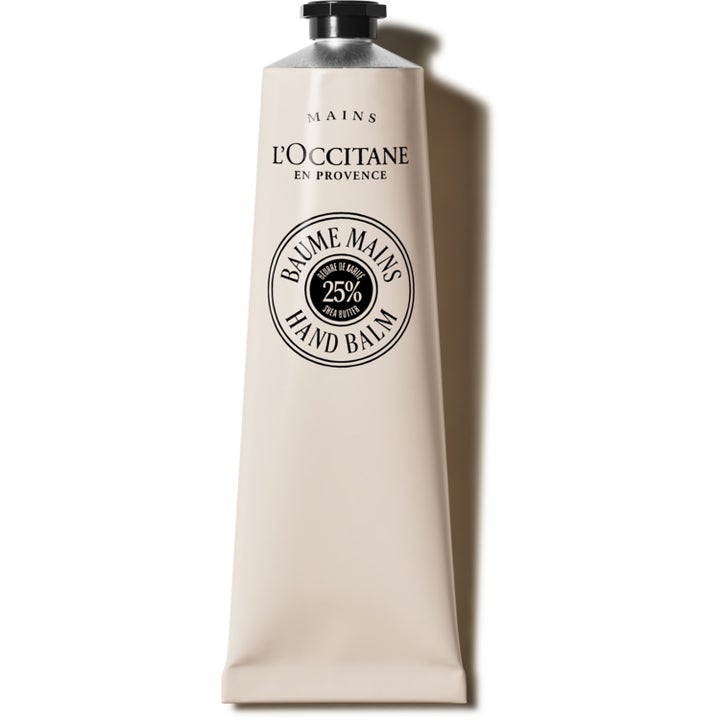 L'Occitane Shea Butter Hand Balm pleiende håndkrem med sheasmør i en beige tube med sort åttekantet kork