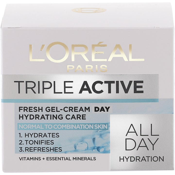 L'Oréal Paris Triple Active 50 ml fuktighetsgivende dagkrem i hvit eske med blå detaljer for kombinert hud.