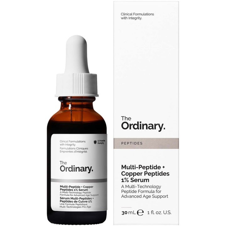 The Ordinary Multi-Peptide + Copper Peptides 1% Serum 30 ml ansiktsserum i ravfarget glassflaske og hvit eske