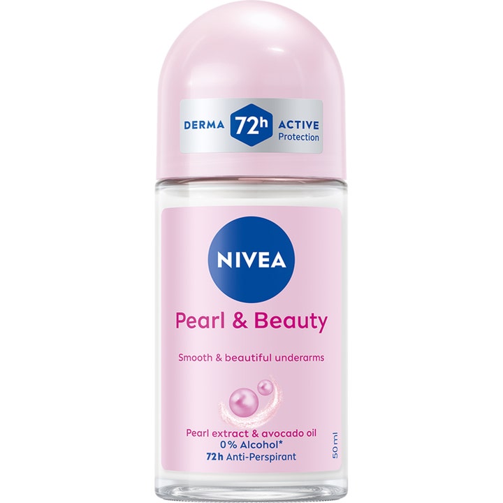 Nivea Pearl & Beauty 50 ml anti-perspirant gir glatte armhuler i roll-on glassflaske med lyserosa kork og perleekstrakt