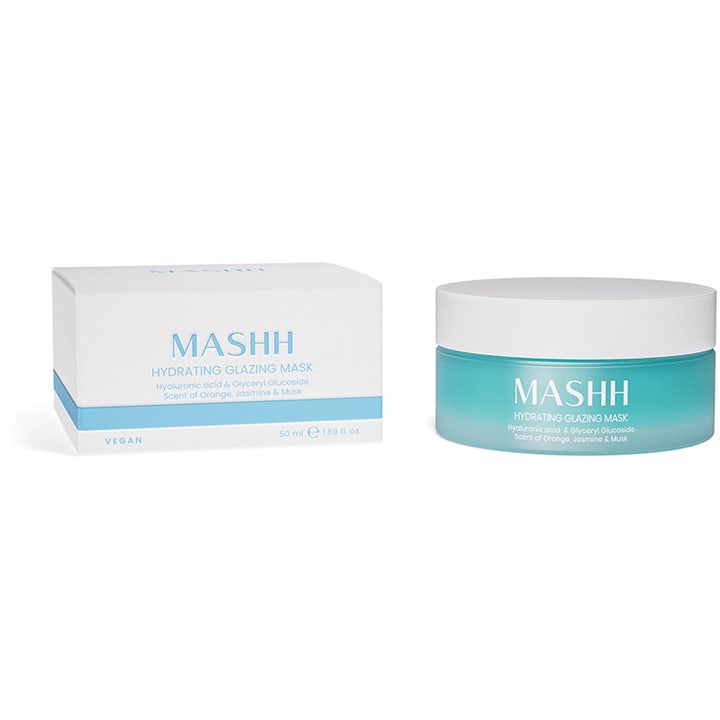 MASHH Hydrating Glazing Mask 50 ml fuktighetsgivende ansiktsmaske i turkis krukke og hvit eske med hyaluronsyre.