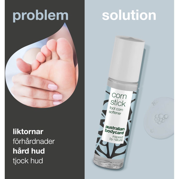 Australian Bodycare Corn Stick 9 ml fotpleie mot liktorner og hard hud i klar roll-on flaske vist som en løsning.