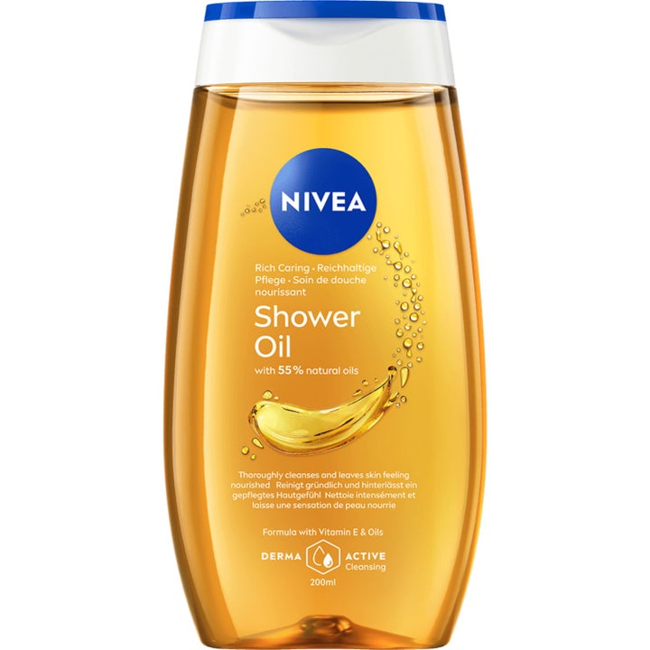 Nivea Rich Care Shower Oil 200 ml pleiende dusjolje gir intensiv fukt i gjennomsiktig plastflaske med gyllen olje
