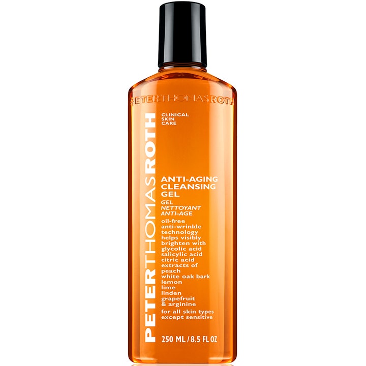 Peter Thomas Roth Anti-Aging Cleansing Gel 250 ml eksfolierende ansiktsrens i en oransje gjennomsiktig flaske med sort kork