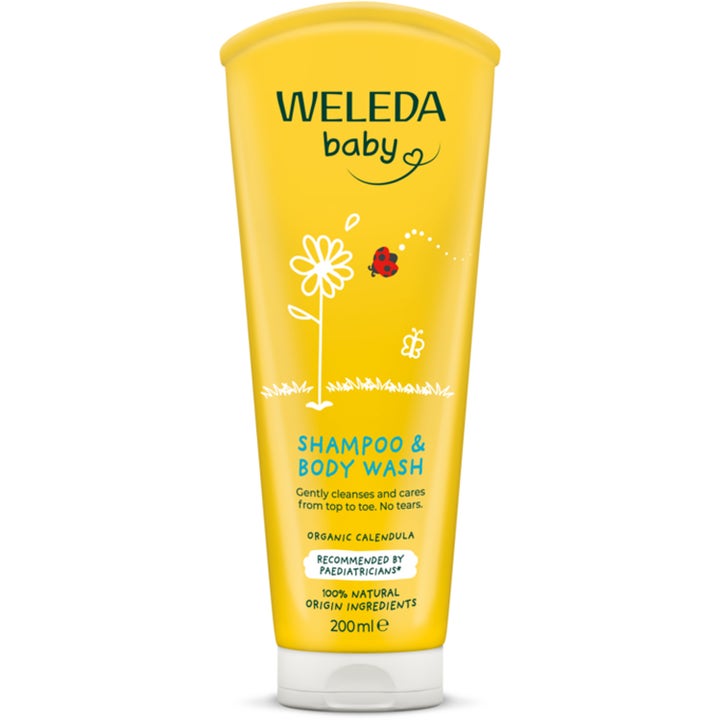 Weleda Baby Shampoo & Body Wash 200 ml gir mild pleie med ringblomst i gul tube med hvit kork og blomstermotiv