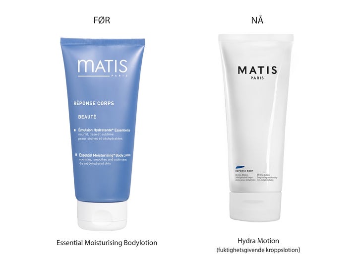 Matis Hydra-Motion Bodylotion 200 ml viser gammelt og nytt design på hvit og blå tube som gir fukt.