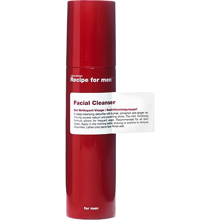 Recipe for men Facial Cleanser dyprensende ansiktsrens fjerner talg i en rød sylindrisk flaske med hvit etikett.