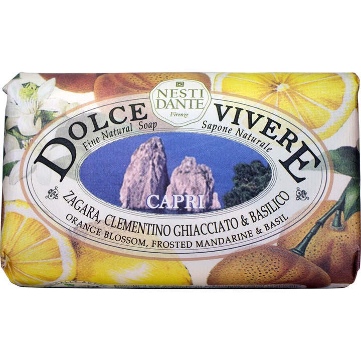 Nesti Dante Dolce Vivere Capri 250g fast såpe i dekorativt papir med illustrasjoner av sitrus og kystlandskap