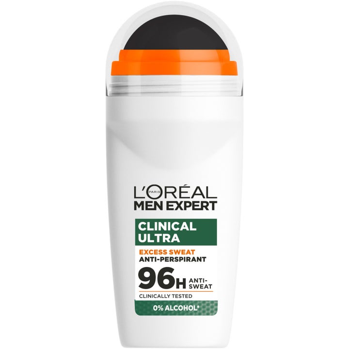 L'Oréal Men Expert Clinical Ultra 96H anti-perspirant roll-on mot svette i hvit flaske med oransje kant og svart kule.