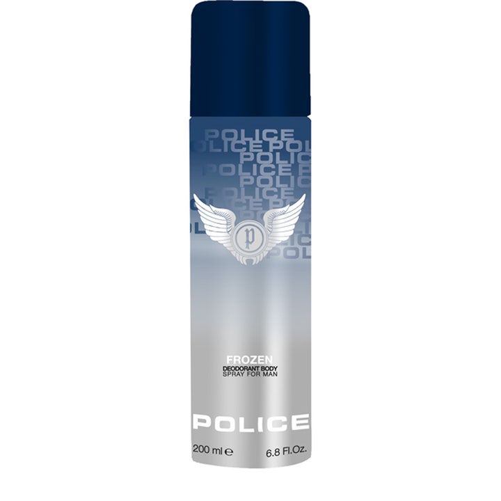Police Frozen Deodorant Body Spray 200 ml gir friskhet i en blå og sølvfarget sprayboks med hvit vingelogo